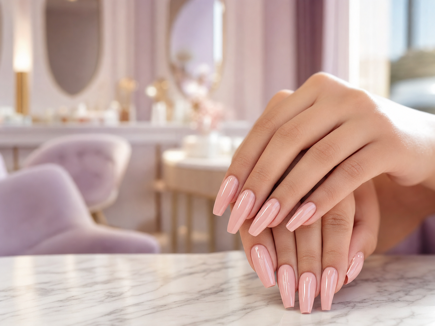 Manos con uñas acrílicas rosa nude en Lumé Studio